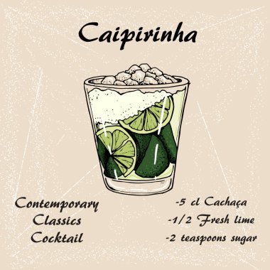 Elle çizilmiş kokteyl Caipirinha Illustration. Vektör 3