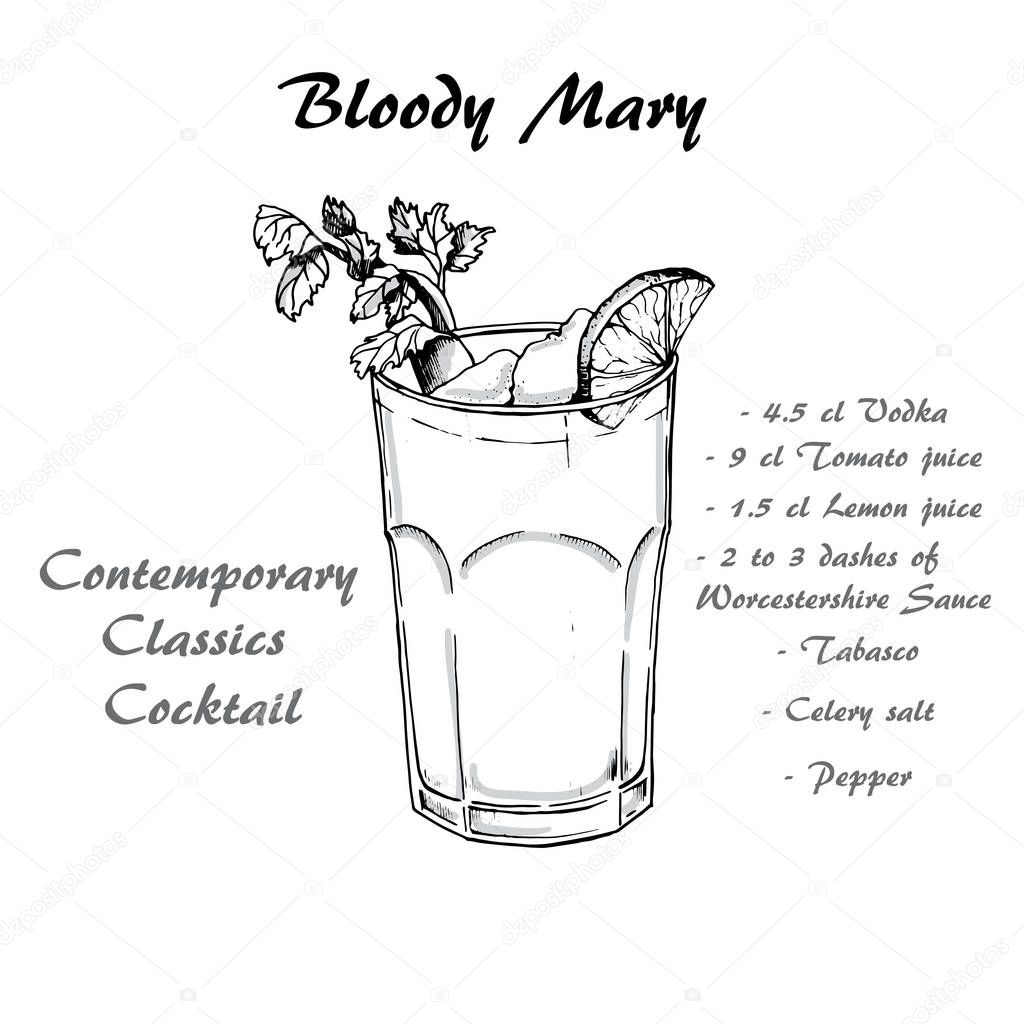 Cocktail bloody mary in sketch style for menu, cocktail cards.