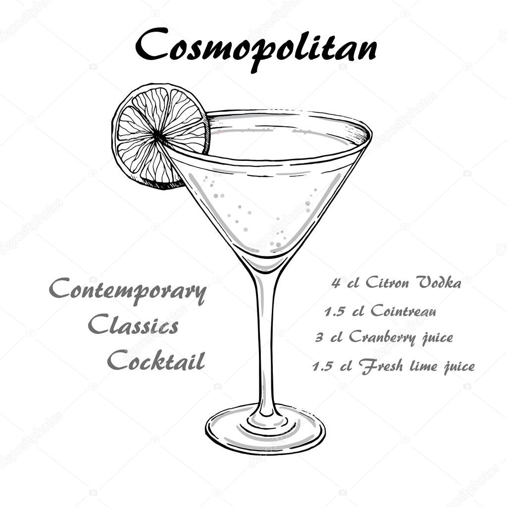 Hand drawn illustration of cocktail Cosmopoitan.