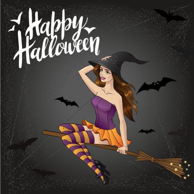 uçan süpürge üzerinde halloween cadı vektör Illustration. Renkli çizimi
