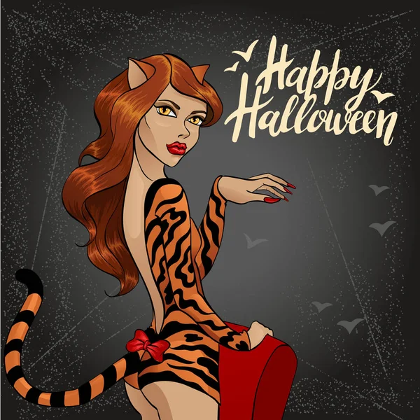 Vector ilustración de halloween con gato mujer 1 — Vector de stock