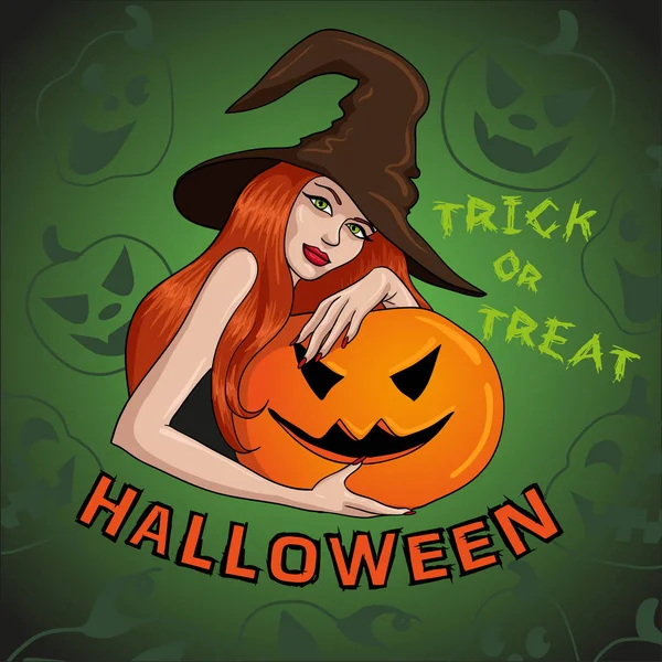 Векторная иллюстрация Хэллоуинской ведьмы с тыквой — стоковый вектор