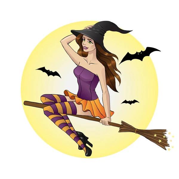 Vector illustration of halloween witch flying on broom — Stock Vector