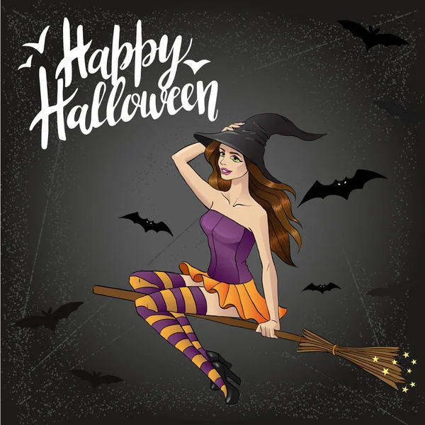 uçan süpürge üzerinde halloween cadı vektör Illustration. Renkli çizimi