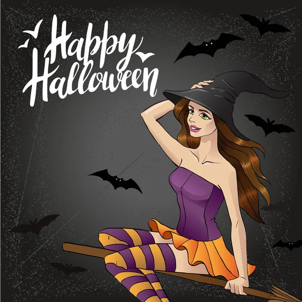 Vektorillustration der Halloween-Hexe, die auf dem Besen fliegt 2 — Stockvektor