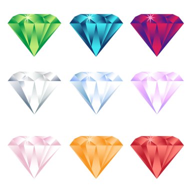 Colorful cartoon diamonds icons realistic vector set clipart