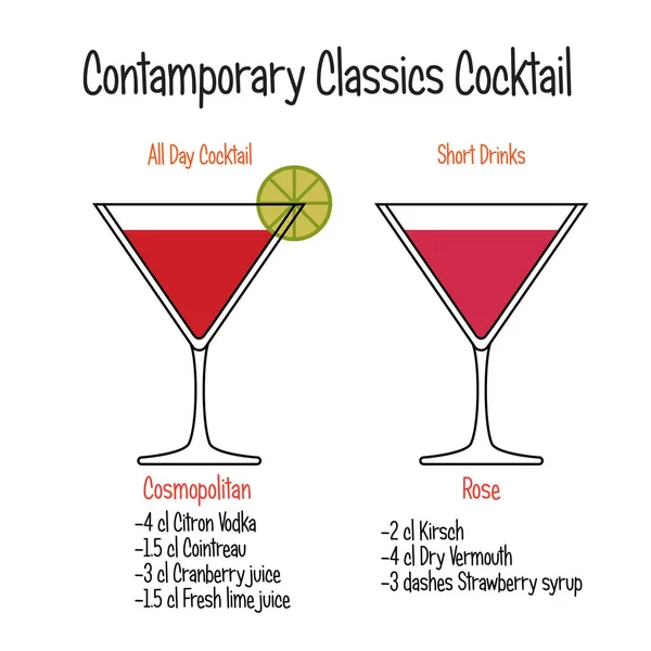 Cosmopolitan cocktail och rose cocktail vektor recept — Stock vektor