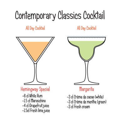 El kümesi alkollü içecekler, Hemingway kokteyli ve margarita kokteyl tarifi çizilmiş. Barmen Kılavuzu kavramı. İzole vektör simgeler.