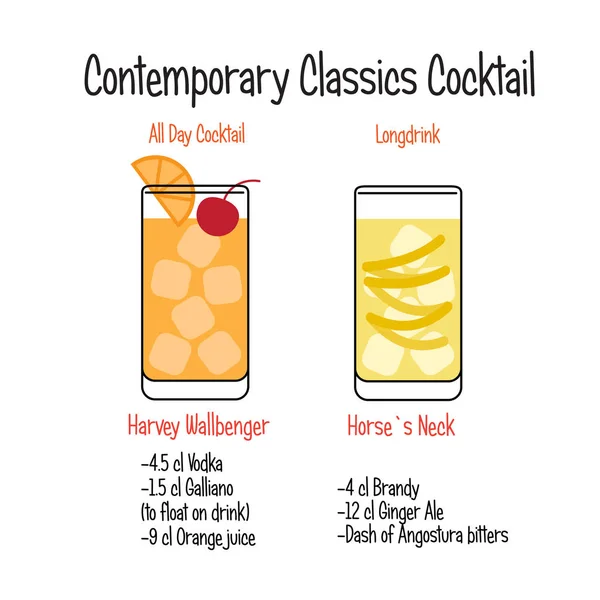 Harvey Wallbanger cóctel y caballo cuello cóctel receta — Vector de stock