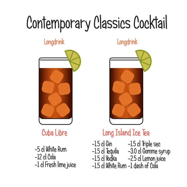 Long Island Tea Cocktail und cuba libre Cocktail Rezept — Stockvektor