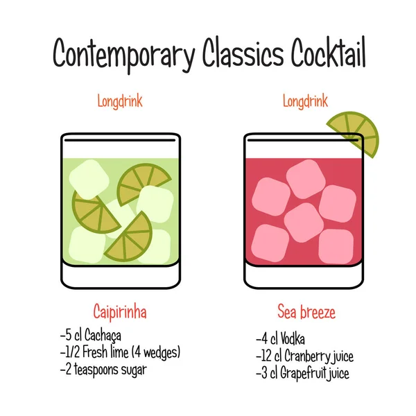 Caipirinha koktél és tengeri szellő koktél recept — Stock Vector