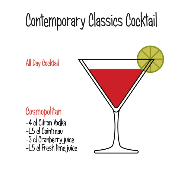 Kosmopolitische alcoholische cocktail vector illustratie recept geïsoleerd — Stockvector