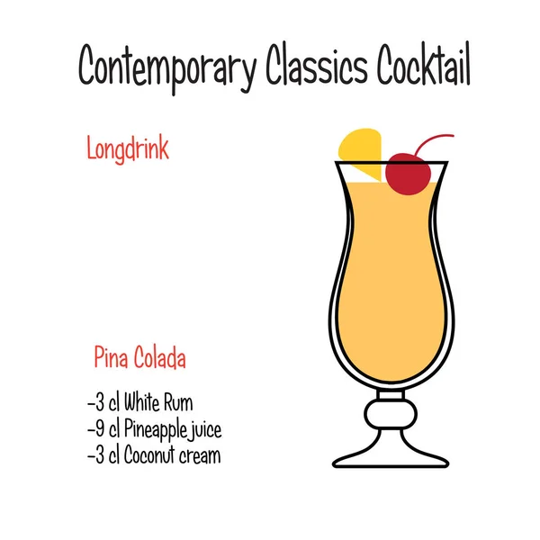 Pina colada alcoholische cocktail vector illustratie recept geïsoleerd — Stockvector