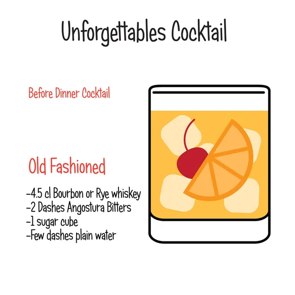 Hand Getrokken Alcoholische Dranken Old Fashioned Alcoholische Cocktail Vector Illustratie — Stockvector