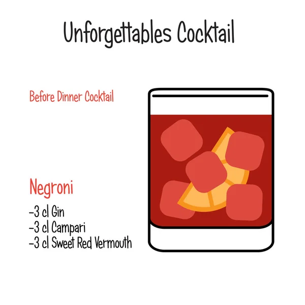 Negroni alkoholischen Cocktail-Vektor Illustration Rezept isoliert — Stockvektor