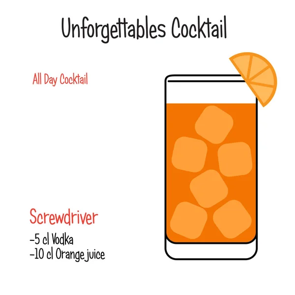 Schraubenzieher alkoholischer Cocktail-Vektor Illustration Rezept isoliert — Stockvektor