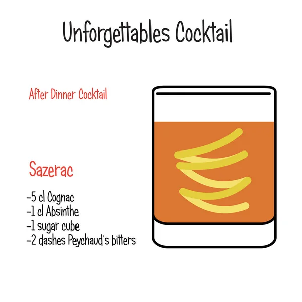 Sazerac cóctel alcohólico vector ilustración receta aislada — Vector de stock