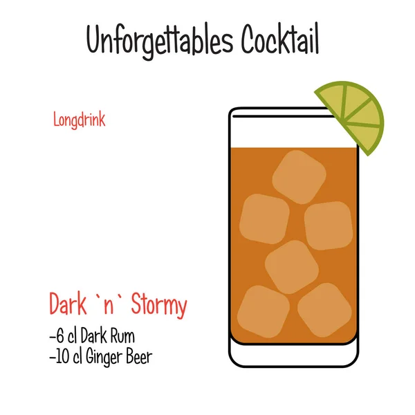 Oscuro y tormentoso cóctel alcohólico vector ilustración receta aislada — Vector de stock
