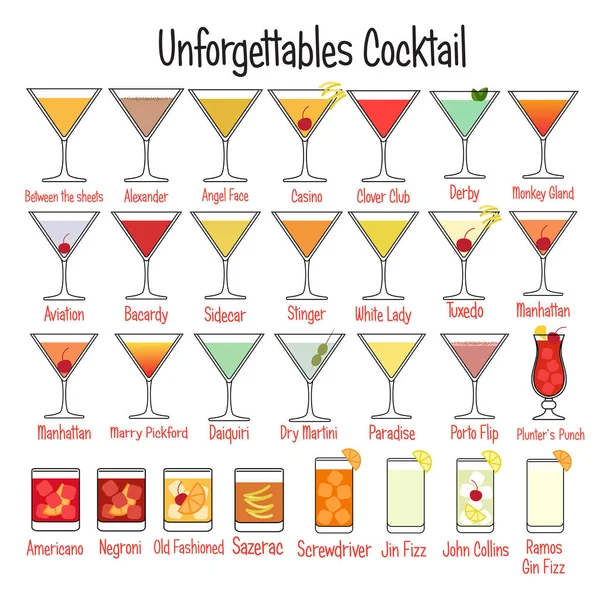 Unforgettables alcoholic cocktail vector illustration set isolated — Stock Vector