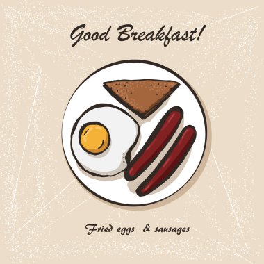 Sahanda yumurta ve sosis ile kahvaltı kroki