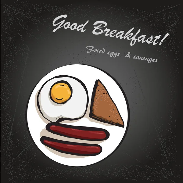 Frühstückssketch mit Spiegelei und Wurst auf Kreidetafel — Stockvektor