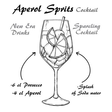 Aperol Sprits Cocktail vector Sketch illustration recipes clipart