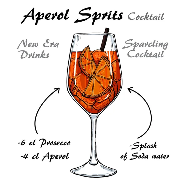 Aperol Sprits Cocktail vector Bosquejo recetas de ilustración 2 — Vector de stock