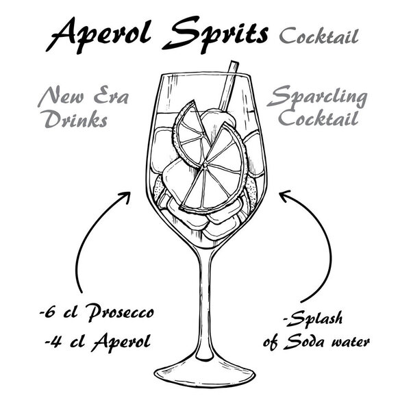 Aperol Sprits Cocktail vector Sketch illustration recipes