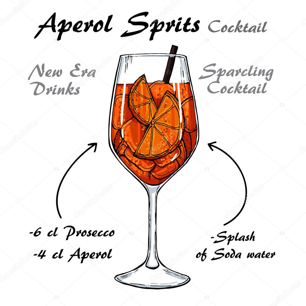 Aperol Sprits Cocktail vector Sketch illustration recipes 2