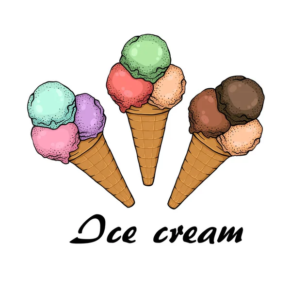 Ice cream waffle cone hand drawn color sketch — Stock Vector