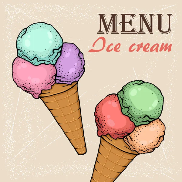 Helado gofre cono dibujado a mano color boceto — Vector de stock