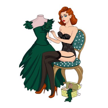 Sexy pin-up red girl sews dress. Illustration in vintage syile. Hand drawn vector clipart