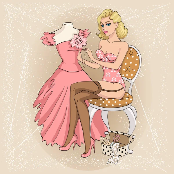 Sexy pin-up blonde girl sews dress 1950s stile — 스톡 벡터