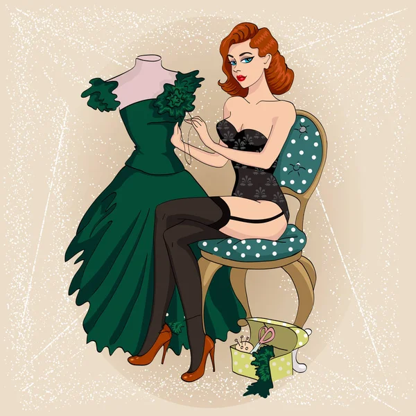 Sexy pin-up chica roja cose vestido 1950 stile — Vector de stock