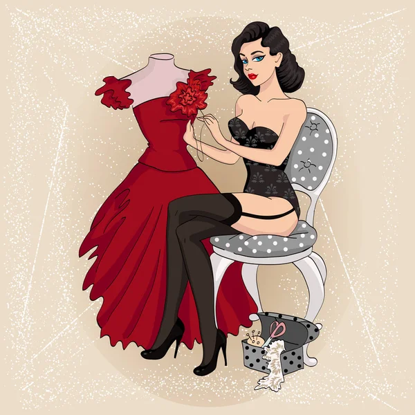 Сексуальная брюнетка с пин-апом шьет платье в стиле 1950-х — стоковый вектор