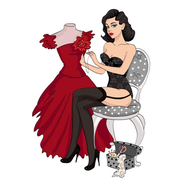 Sexy pin-up morena chica cose vestido 1950 stile — Vector de stock