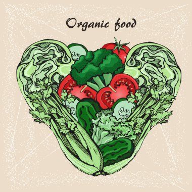 Sketch vektör sebze kalbinde. Kavram sağlıklı gıda.