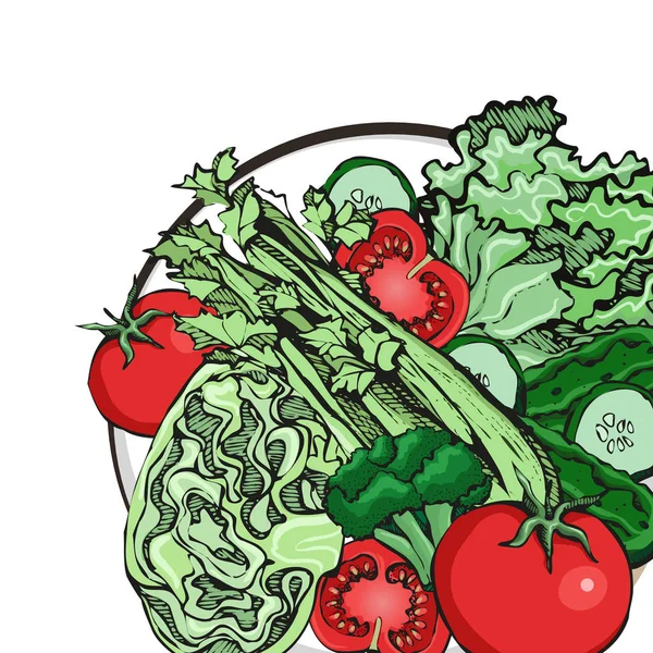 Skiss av vektor grönsaker på tallriken. Begreppet hälsosam mat. — Stock vektor