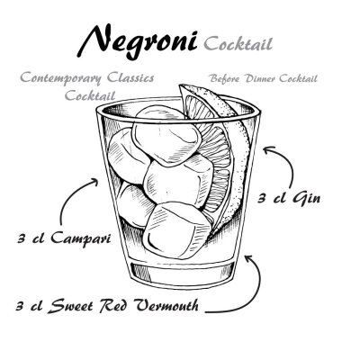Alkollü kokteyl negroni sketch vektör çizim