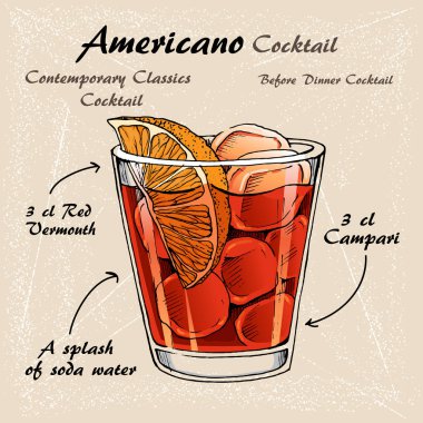 Alkollü kokteyl americano sketch vektör çizim
