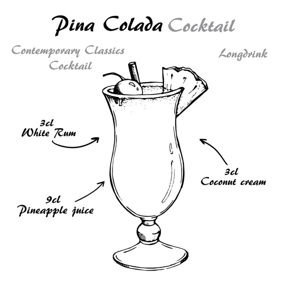Ilustración vectorial de cóctel alcohólico pina colada estilo retro dibujado a mano . — Vector de stock