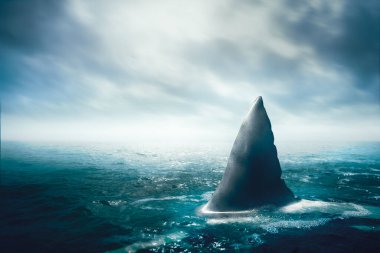 Büyük beyaz köpekbalığı yüzgeci su / 3d illüstrasyon / karışık ortam üzerinde