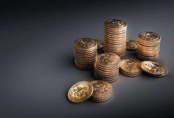 Montones Monedas Oro Brillante Sobre Fondo Gris Representación Ilustración Fotos De Stock