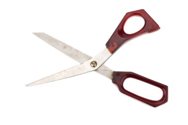 Kırmızı makas. kirli. Beyaz arka plan izole