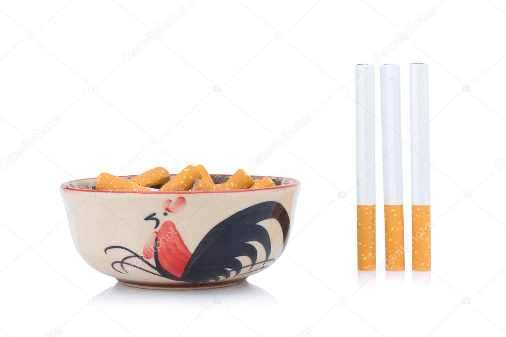 cigarette ash ashtray isolated on white background