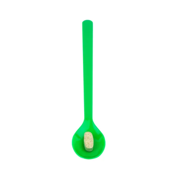 Groene lepel kunststof met aanvullende knoflook geïsoleerd op wit — Stockfoto