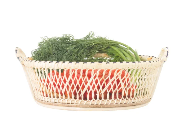 Cherry tomatoes. baby tomatoes. dill with roots. in basket. shop — Stock Photo, Image