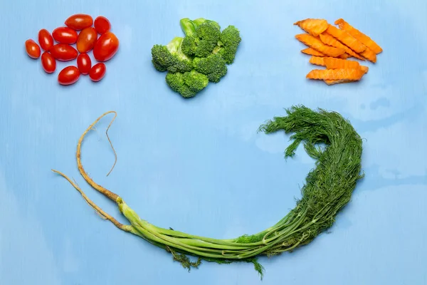 dereotu. bebek domates. havuç. brokoli. ahşap mavi gökyüzü backgrou
