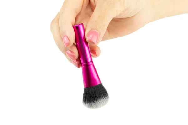 Primer Plano Mano Femenina Está Sosteniendo Cepillo Maquillaje Profesional Concepto —  Fotos de Stock