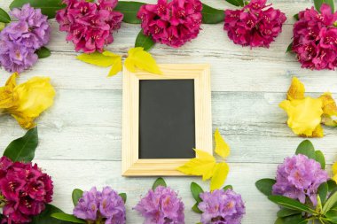 TOPVIEW çiçek ormangülü, Azalee ve Iris, metin için bir yazı tahtası ahşap masa zemin üzerine bir çerçeveden gelen. Kavram doğa.